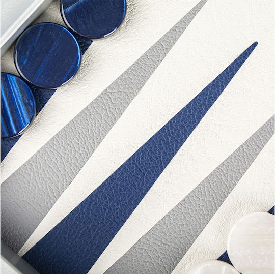 Manopoulos Leatherette Set Wooden Checkers & Dice for Backgammon Handmade Blue / White
