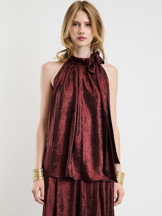 Women's Sleeveless Blouse with Neck Tie Burgundy