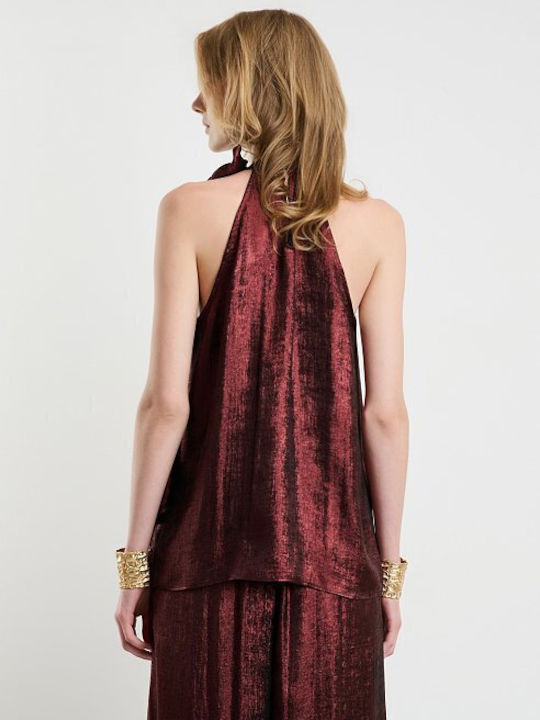 Women's Sleeveless Blouse with Neck Tie Burgundy