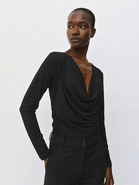 Bluza Damă Mânecă Lungă Drapată Neagră