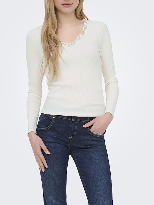 Only Damenbluse Baumwolllangärmelig mit V-Ausschnitt Cloud Dancer Offwhite