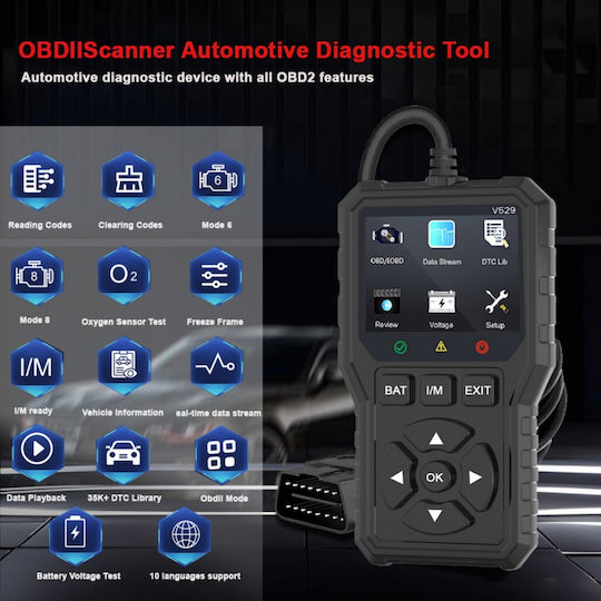 Obd2 Auto Diagnostic Tester Foxsur V529 Battery Test Dtc Lookup 10 Languages Engine Codes O2 Sensor Evap Freeze Frame I M Black