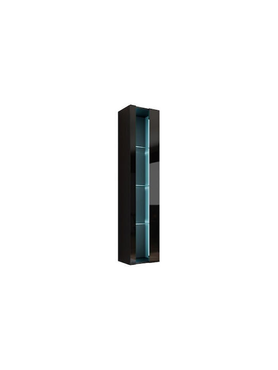 Vilrin V Wall Living Room Display Cabinet Made of Wood with Window and Lighting Glossy Black 40x30x180cm