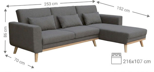 Rover Corner Sofa Bed with Reversible Angle Grey 253x70x86 cm