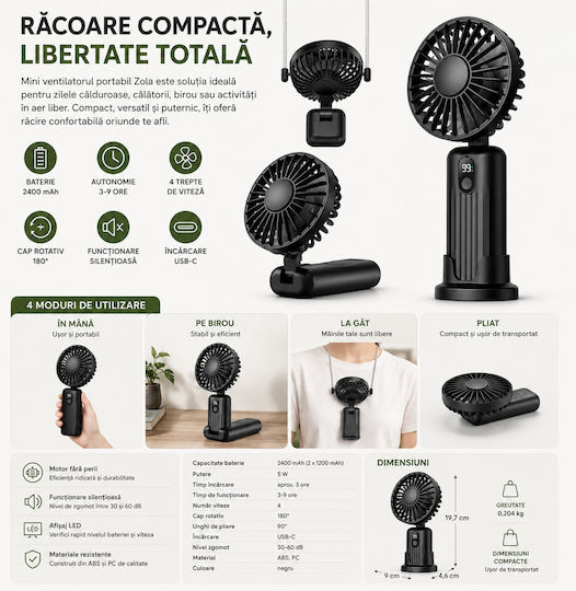 Ventilator De Mână USB Pliabil 5W Negru ZY12773QWS81