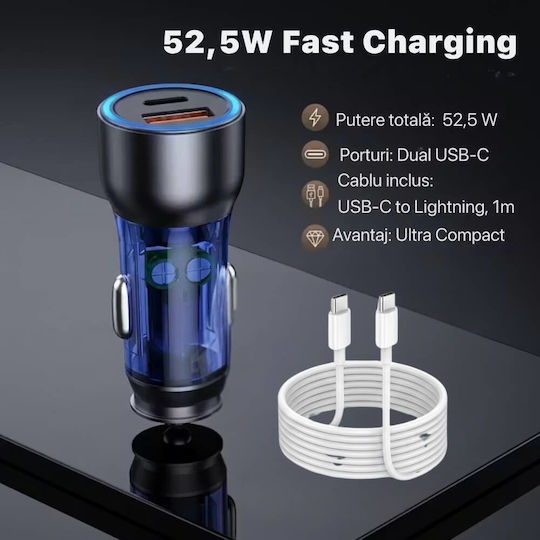 Încărcător Auto 52.5w Usb-c Pd 30w + Usb-a Qc 22.5w 1m Cablu Usb-c La Usb-c Încărcare Rapidă Quick Charge Telefon Tabletă Compact Albastru Gri