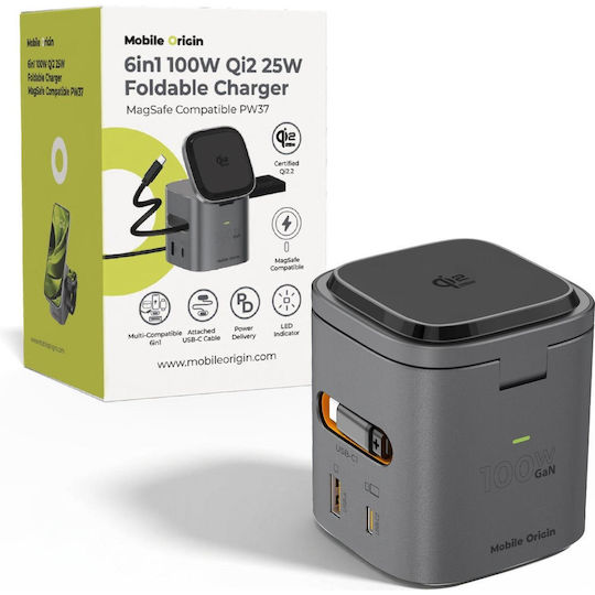 Mobile Origin Qi2 GaN Wireless Charger with USB-A Port and USB-C Port and USB-C Cable 25W Grey (PW37)