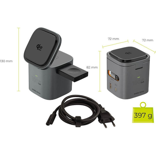 Mobile Origin Qi2 GaN Wireless Charger with USB-A Port and USB-C Port and USB-C Cable 25W Grey (PW37)