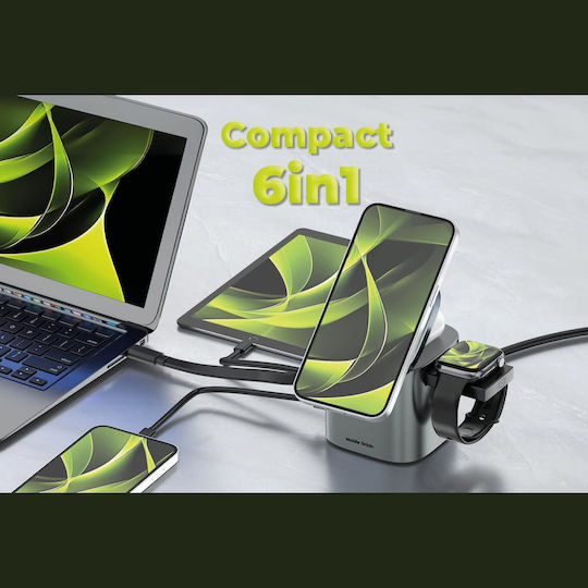 Mobile Origin Qi2 GaN Wireless Charger with USB-A Port and USB-C Port and USB-C Cable 25W Grey (PW37)