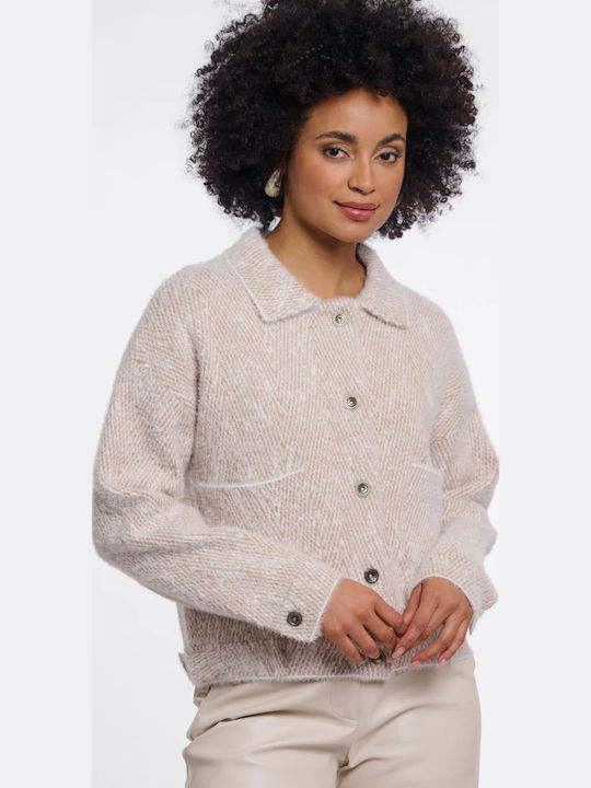 Късо дамско яке за зима Beige Herringbone
