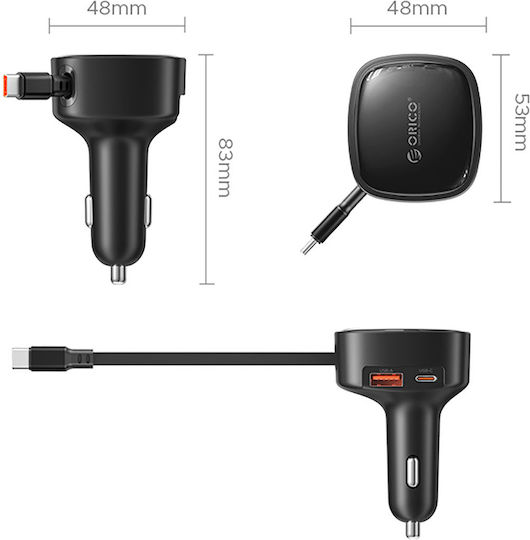 Orico Fc-66-1a2c Car Charger 66W 2.5A Fast Charging With Ports 1xUSB-A 1xType-C With Type-C Cable Black Colour