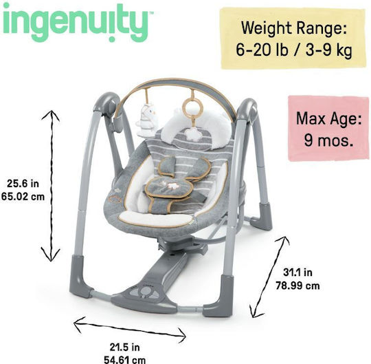Ingenuity Ηλεκτρικό Relax Μωρού Κούνια Swing 'n Go με Μουσική για Παιδί έως 2.7kg