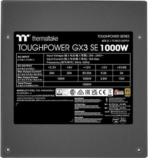 Thermaltake Toughpower GX SE 1000W Black Computer Power Supply Full Wired 80 Plus Gold