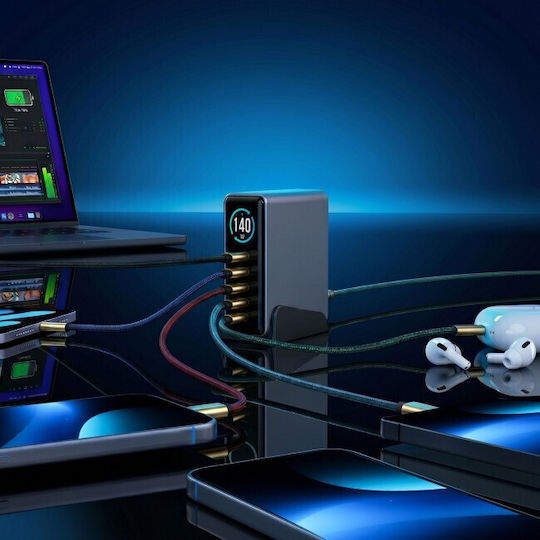 3MK База За Зареждане GaN С USB-A Порт И 4 USB-C Порта 140W Power Delivery В Черен Цвят (InCharge)