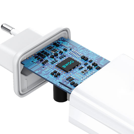 BWOO Зарядно Устройство Без Кабел с USB-A Порт и USB-C Порт 20W Power Delivery Бял (BO-CDA182)