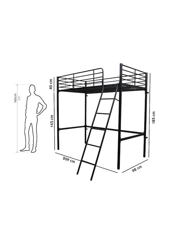 Pat pentru Copii Loft Bed Single Negru pentru Saltea 90x200cm