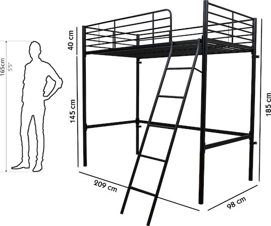 Pat pentru Copii Loft Bed Single Negru pentru Saltea 90x200cm