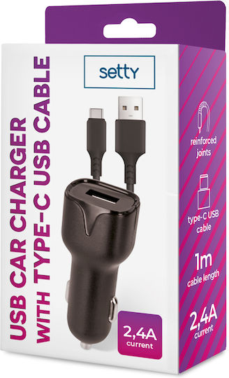 Setty Car Charger 2.4A with One Port 1xUSB-A and Type-C Cable Black Color
