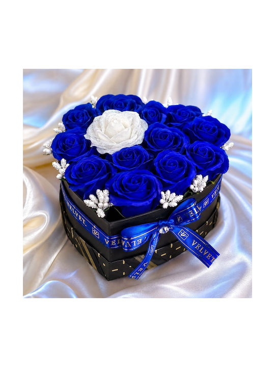 Velvet Heart Aranjament Floral În Formă De Inimă 15 Trandafiri Săpun Accent Sclipici Albastru Alb