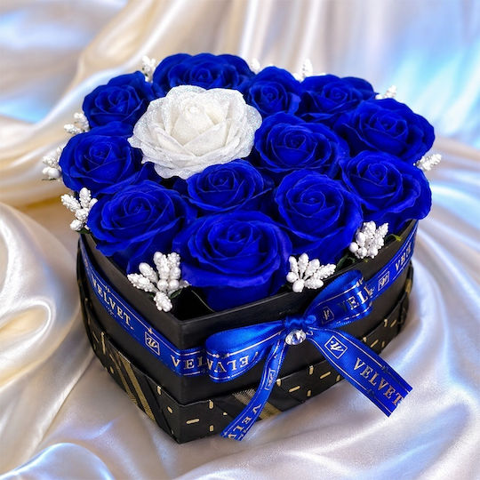 Velvet Heart Heart-shaped Floral Arrangement 15 Soap Roses Glitter Accent Blue White