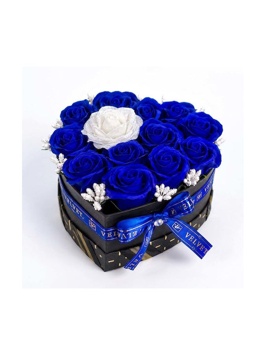 Velvet Heart Aranjament Floral În Formă De Inimă 15 Trandafiri Săpun Accent Sclipici Albastru Alb