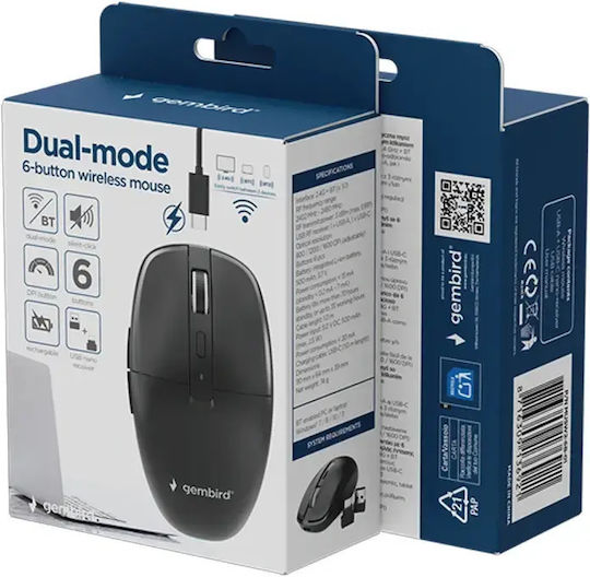 Gembird MUSW2-6B-01 Ασύρματο Εργονομικό Bluetooth Ποντίκι Μαύρο