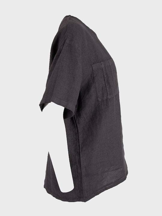 Damen Sommer Leinen Kurzärmeliges Top Grau