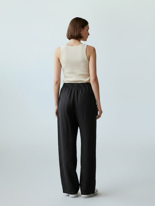 Damen Leinen Pantaloons mit Gummiband in Lose Passform Schwarz