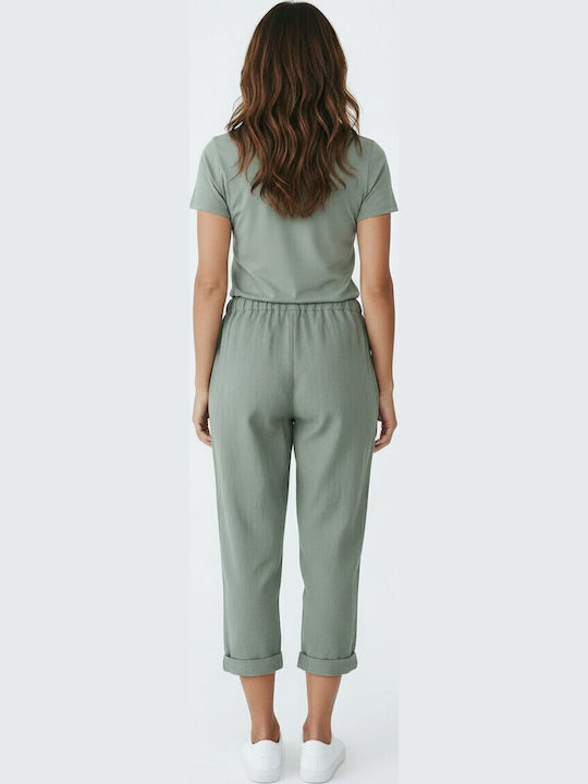 Damen Stoff Capri Hose mit Gummiband in Lose Passform Khaki
