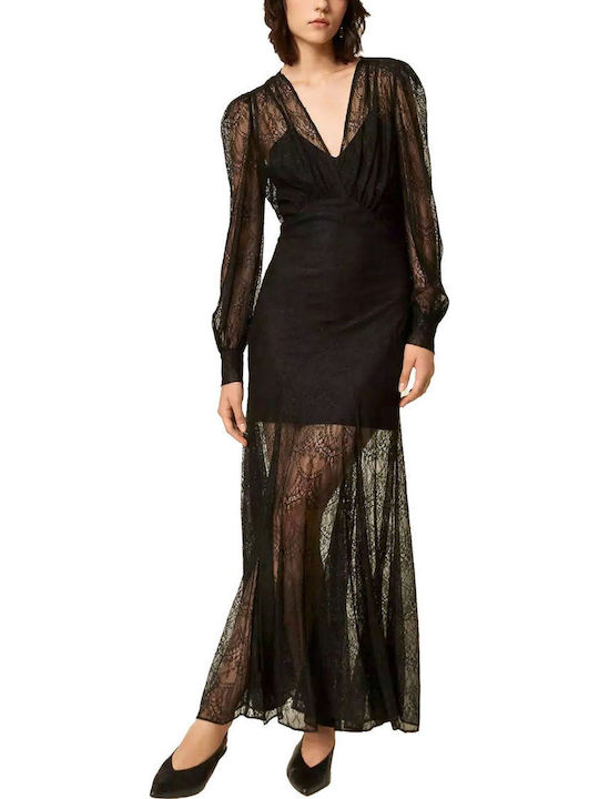Maxi Evening Dress with Lace Black