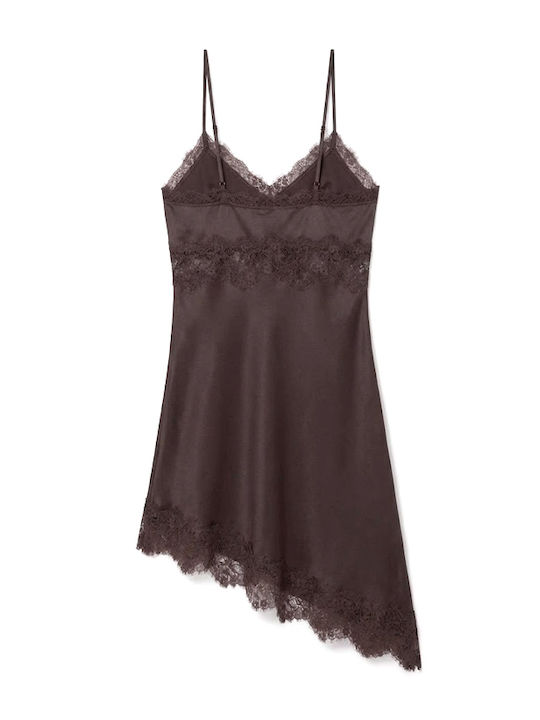 Only Summer Mini Evening Slip Dress Strapless Satin with Lace Brown