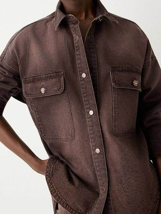 Long Sleeve Women's Denim Shirt Brown