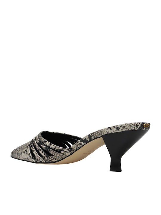Leather Mules with Chunky Low Heel in Beige Colour