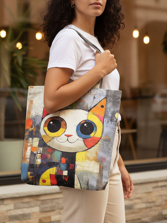 Inspiral Tree Tote Τσάντα Ώμου Υφασμάτινη Χρωματιστή Γάτα