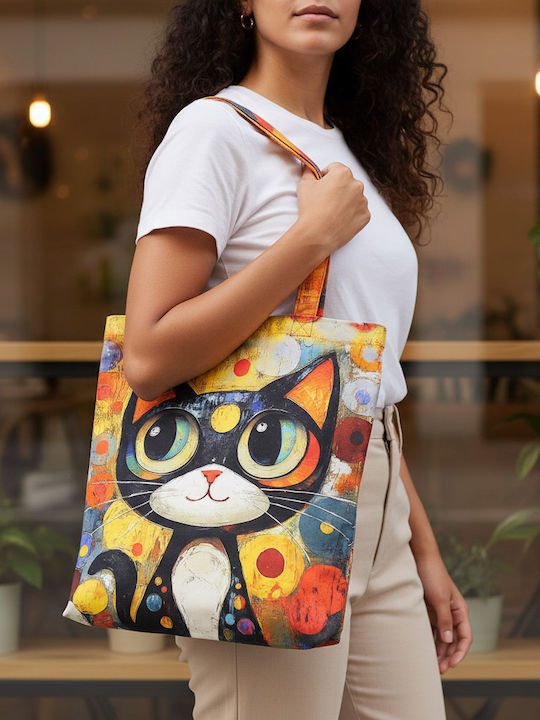 Inspiral Tree Tote Τσάντα Ώμου Υφασμάτινη Πολύχρωμο Γατάκι