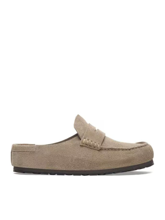 Heel Enclosed Leather Winter Men's Slippers Beige