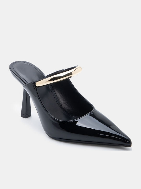 Damen Pantoletten aus Lackleder mit Hoch Absatz in Schwarz Farbe
