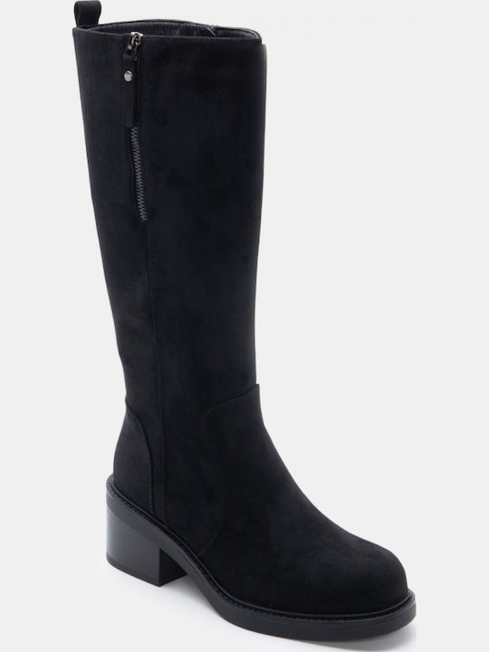 Wildleder Damenstiefel mit mittlerem Absatz Schwarz