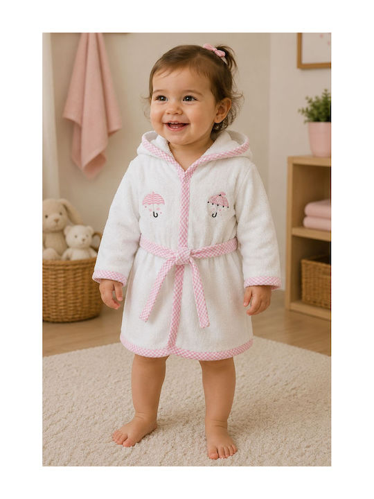 Elma Cocuk Kids Bathrobe White-Pink with Hood