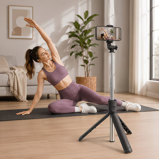 Selfie Stick Telescopic 3 1 Tripod Telecomandă Bluetooth Rotație 360° Alb
