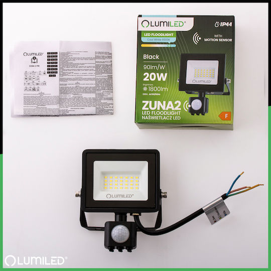 LED Flutlichter Zuna2 20W 1800lm 6500K Ip44 Schwarzer Bewegungssensor Lumiled