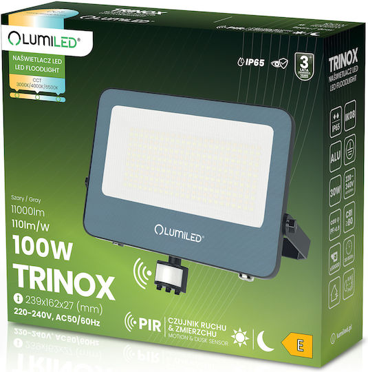 Προβολέας Led Trinox 100w 11000lm Cct Ip65 Γκρι Αισθητήρας Κίνησης Λυκόφωτος Lumiled