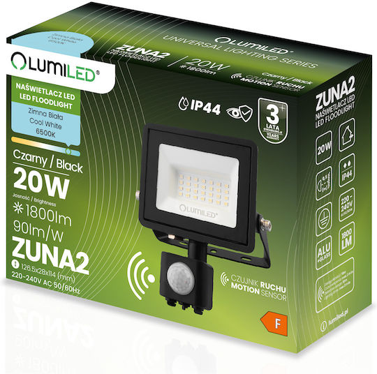 LED Flutlichter Zuna2 20W 1800lm 6500K Ip44 Schwarzer Bewegungssensor Lumiled