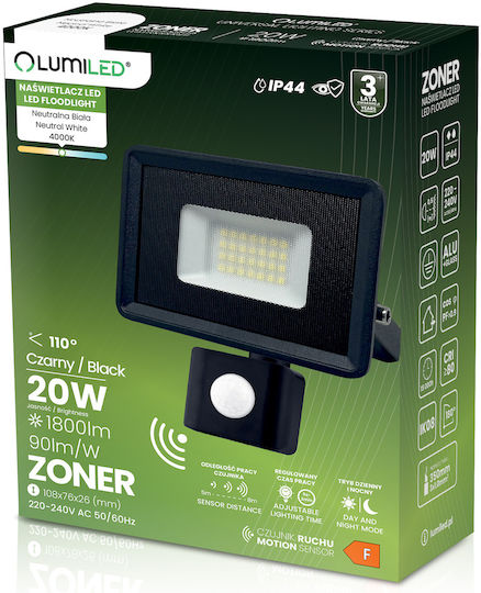 Proiector LED Zoner 20W 1800lm 4000K IP44 Negru Senzor de Mișcare Lumiled