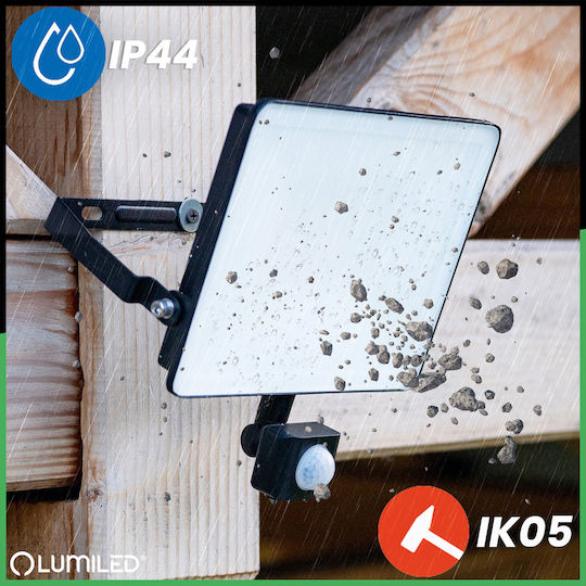 LED Flood Light Azzler 50W 6000lm 4000K IP44 Outdoor Halogen Lamp Motion Sensor Black Lumiled