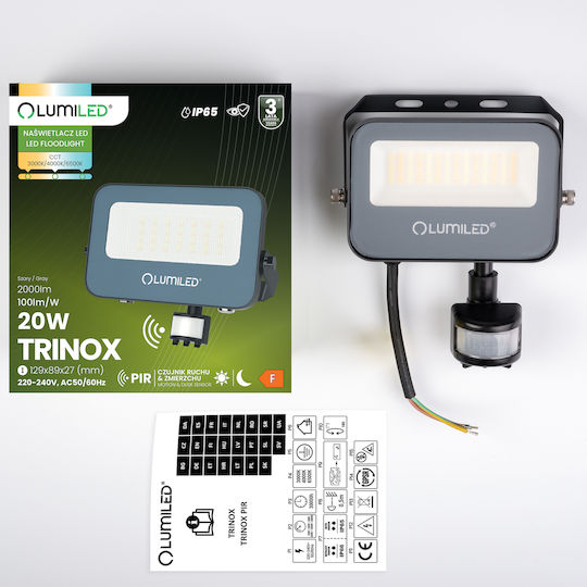 Προβολέας Led Trinox 20w 2000lm Cct Ip65 Γκρι Αισθητήρας Κίνησης Λυκόφωτος Lumiled