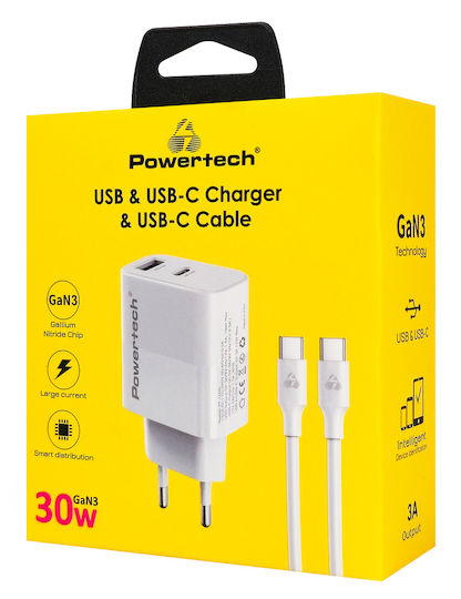 Powertech GaN Charger with USB-A Port and USB-C Port and USB-C - USB-C Cable 30W Quick Charge 3.0 White (PT-1636)