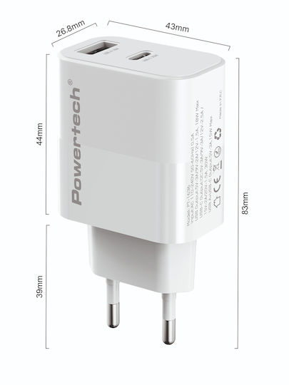 Powertech GaN Charger with USB-A Port and USB-C Port and USB-C - USB-C Cable 30W Quick Charge 3.0 White (PT-1636)