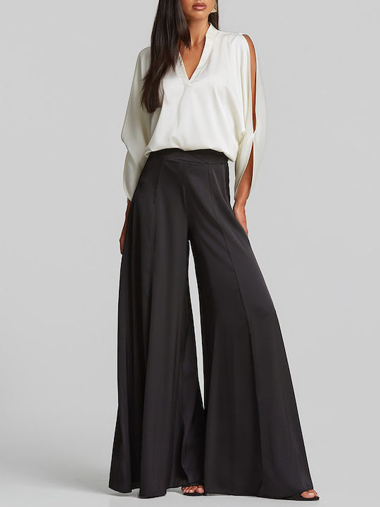 Women's Satin Blouse with V-Neck Ecru