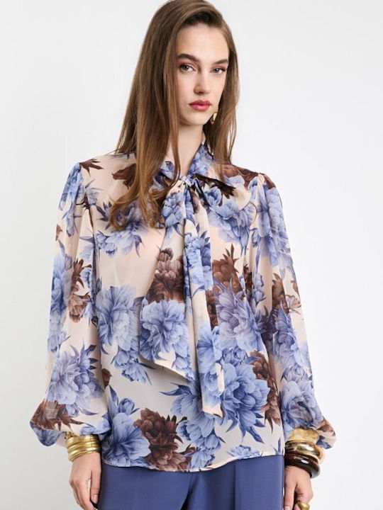 Damenbluse mit Bindung am Ausschnitt Blumen Blau